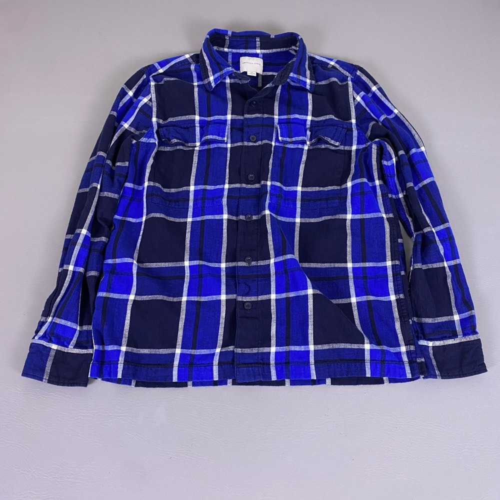 American‎ Eagle Men's Flannel Shirt Large Blue Navy Button Down Plaid Cotton